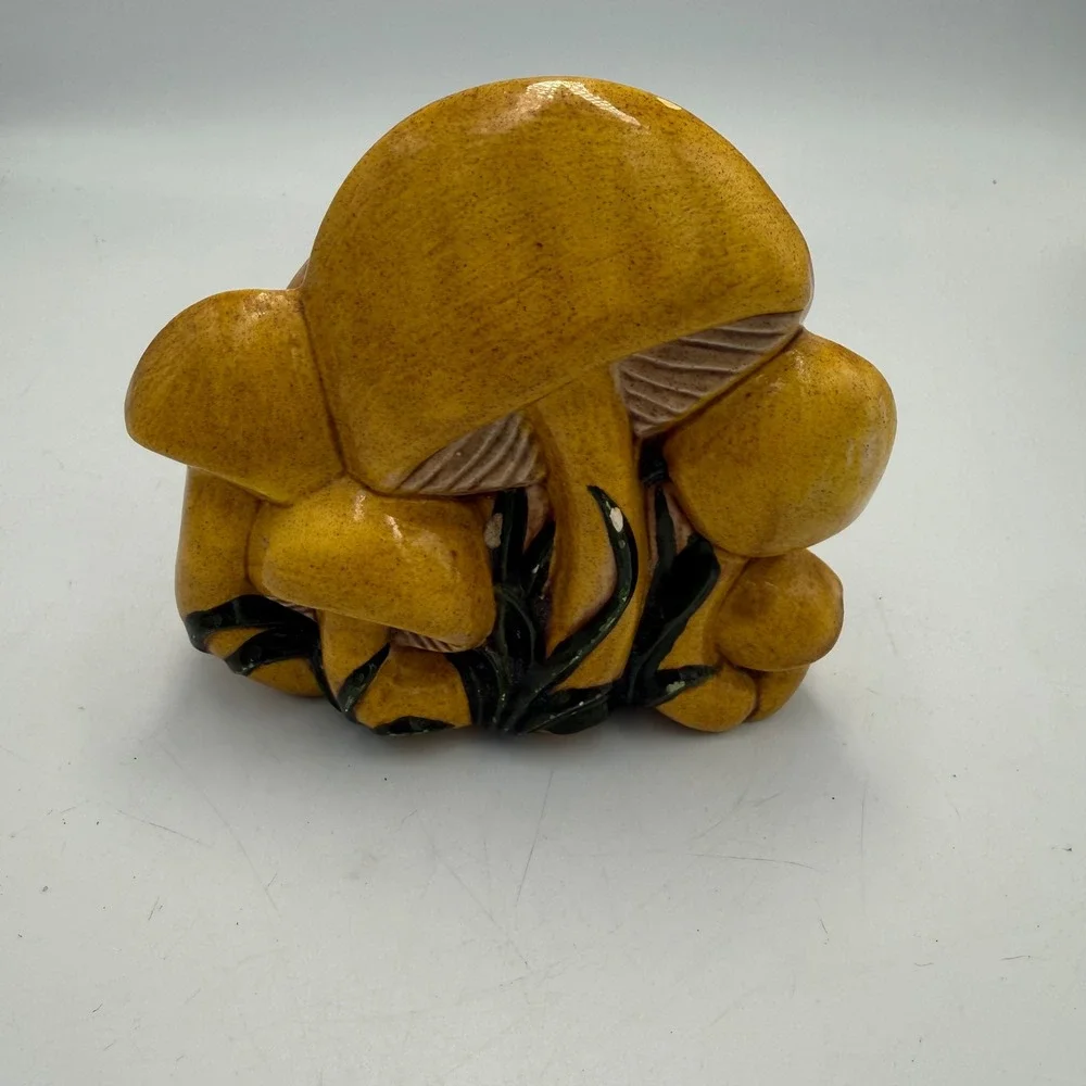 Vintage 70s Ceramic Mushroom Napkin Holder Yellow Brown Retro Kitchen Decor